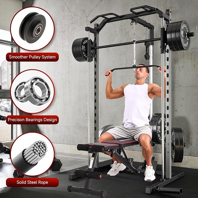 OPPSDECOR Power Cage Power Rack with LAT Pull Down Pulley System& Cable Row, Weight Cage with More Training Attachments, Multi-Functional Squat Rack for Home Gym System