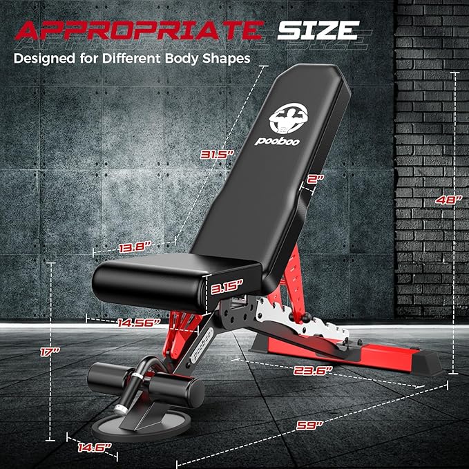 Pooboo Weight Bench, Adjustable Workout Bench for Home, 1500LBS Weight Capacity Heavy Duty Strength Training Bench, Flat/Incline/Decline Positions for Full Body Workout