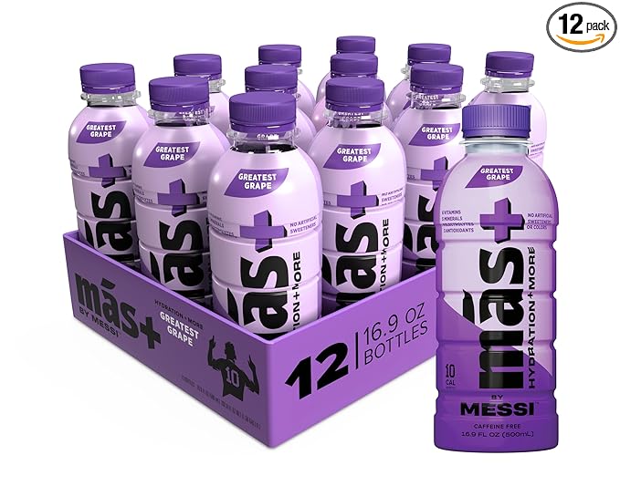 Más+ By Messi Greatest Grape, Sports Drink & Hydration Beverage, Natural Flavors with Vitamins and Electrolytes, No Artificial Sweeteners or Colors, 12-pack