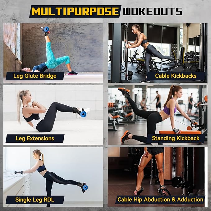 Ankle Straps for Cable Machine and Dumbbell, Dumbbell Foot Attachment for Gym with Longer Nylon Strap/Protective Gasket/5 Steel D-Ring, Tibialis Trainer, Leg Workouts, Hamstring Curls for Women Men