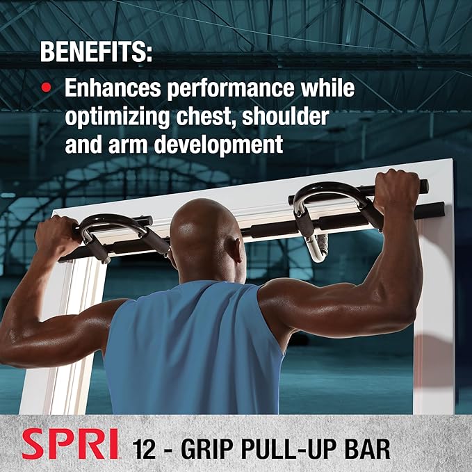 SPRI Pull Up Bar - 8-Grip and 12-Grip Door Frame Mounting Pull-Up Bar for Versatile Workouts - Rugged Steel Frame with Foam Handles - Supports 300 Pounds - Fits Door Frames Up to 32 in. Wide – Black