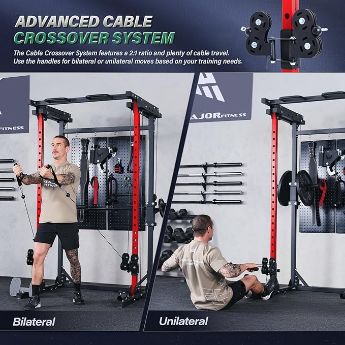 MAJOR FITNESS Drone3 Power Rack, Multi-Function Home Gym Squat Rack with Pull-Up Bar, Cable Crossover & J-Hooks, Heavy-Duty Steel Frame for Maximum Stability & Strength Training