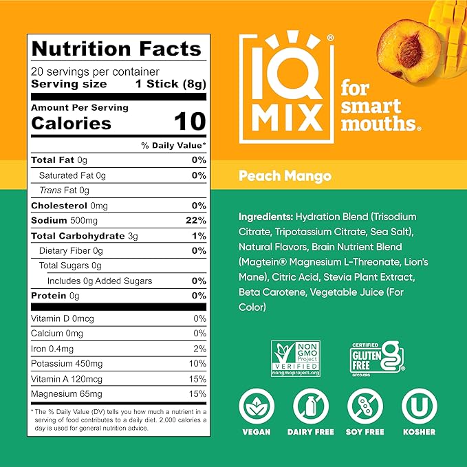 IQMIX Hydration Electrolyte Powder – 4-in-1 Formula for Hydration, Mental Clarity, Mood and Recovery – Sugar-Free Drink Mix, Keto, Magnesium L-Threonate, Lion’s Mane – 20 Count Peach Mango
