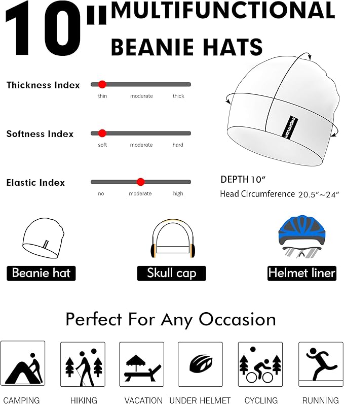 10" Multifunctional Soft Fashion Lightweight Beanies Hats, Cooling Running Skull Cap Helmet Liner Sleep Caps