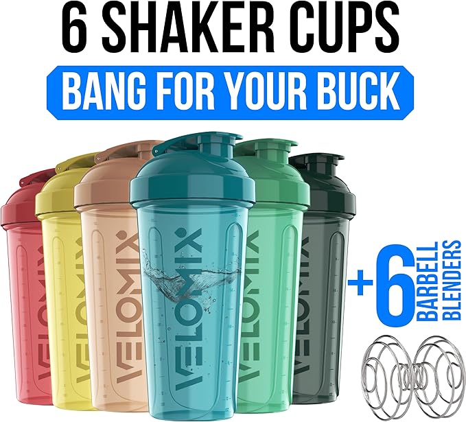 VELOMIX -6 PACK- 28 oz Protein Shaker Bottle for Protein Mixes - 6x Wire Whisk | Leak Proof Shaker Cups for Protein Shakes | Protein Shaker Bottle Pack | Protein Shake Cup (Hawai Shadows)