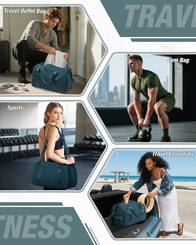 Gym Duffle Bag for Women Carry on Luggage Travel Essentials Airline Approved Personal Item 18x14x8 Inches Lightweight Weekender Sports Travel Duffel Bag with Shoe Compartment Wet Pocket PeacockBlue