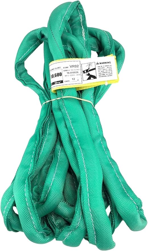 USA Made VR2 X 12' Green Slings, Double PLY Cover Endless Round Poly Lifting Slings, 5,300 lbs Vert, 4,240 lbs Choke, 10,600 lbs Basket (USA Poly)(12 FT)