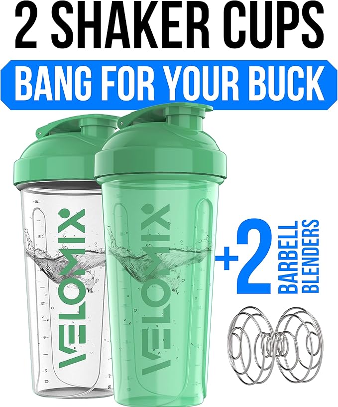 VELOMIX -2 Pack- 28 oz Protein Shaker Bottles for Protein Mixes - 2x Wire Whisk | Leak Proof Shaker Cups for Protein Shakes | Protein Shaker Bottle | Shakers for Protein mix-Turquoise&Transparent