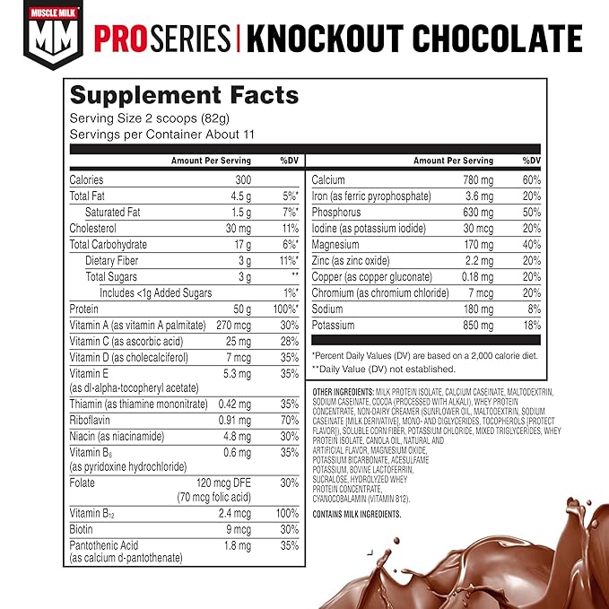 Muscle Milk Pro Series Protein Powder Supplement,Knockout Chocolate,2 Pound,11 Servings,50g Protein,3g Sugar,20 Vitamins & Minerals,NSF Certified for Sport,Workout Recovery,Packaging May Vary