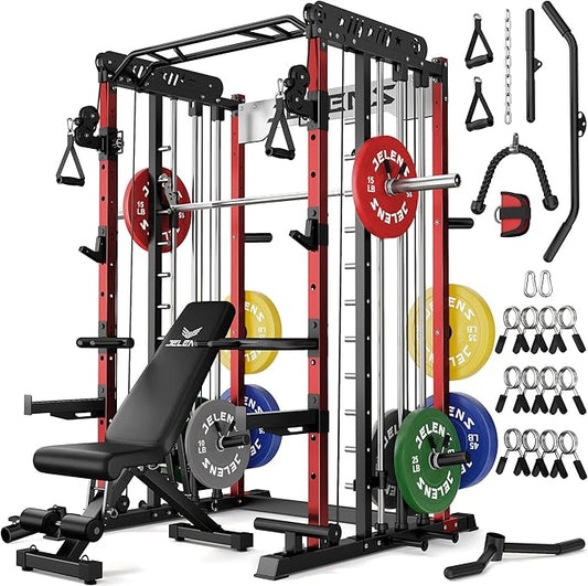 Smith Machine for Home Gym, Multi-Function M12 Power Cage with Cable Crossover System, Squat Rack with Smith Bar and More Attachment