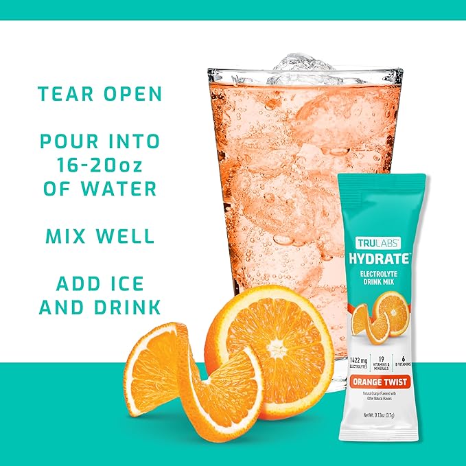 TRULABS Hydrate - Orange Twist. Sugar Free Electrolytes Hydration Packets. Each Serving Contains 1422 mg of Electrolytes &19 Vitamins & Minerals (16 ct)