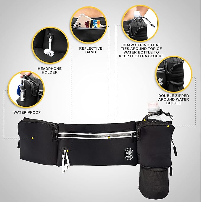 Running Belt with Water Bottle Holder - Waist Bag With Extender for Jogging, Hiking, Cycling, Walking - Dog Walker Hydration Fanny Pack - Sport Pouch iPhone Carrier for Women and Men - Black