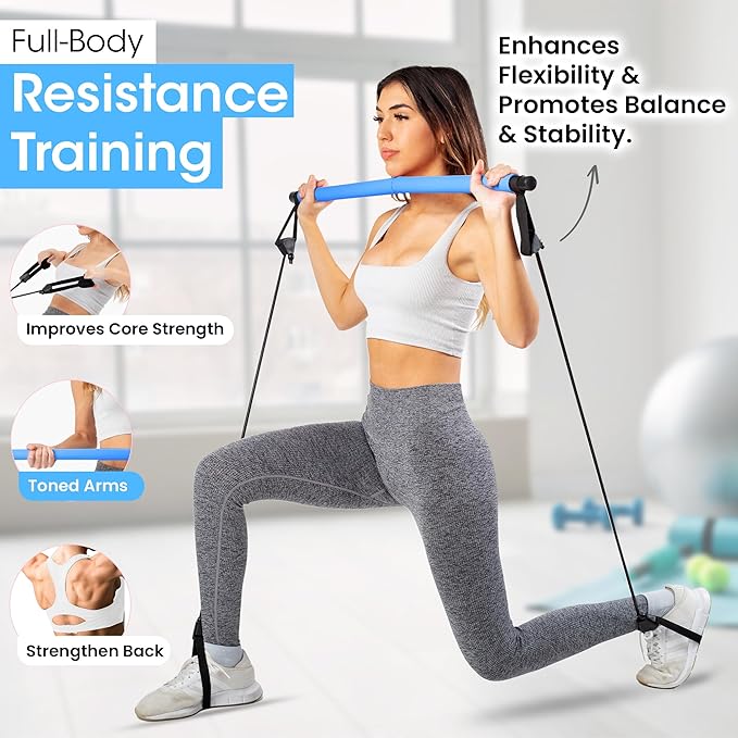 Stretched Fusion Pilates Bar Kit for Home Workouts | Portable Home Pilates Kit Set for Women & Men | Workout Bar for Legs, Hip, Waist and Arm | Includes Pilates Socks, 30-Day Challenge & Meal Plan
