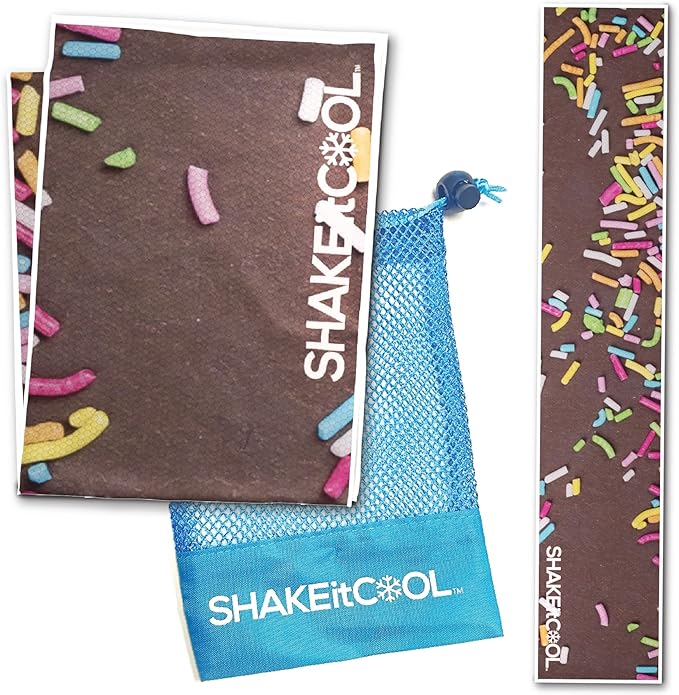 SHAKEitCOOL Original Cooling Towel โ Be Cool in Style - Heat Relief, Soft, Lightweight, Sun Protection, Easy Clean - Perfect for Biking, Running, Yoga, Gym, Gardening - Donut Sprinkle