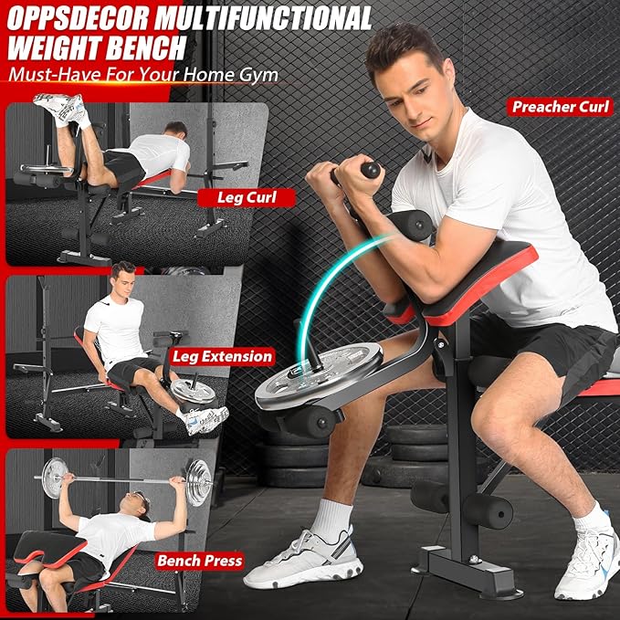OPPSDECOR 6 in 1 660lbs Weight Bench with Leg Extension and Leg Curl, Foldable Bench Press Set and Squat Barbell Rack with Preacher Curl, Adjustable Workout Bench for Home Gym Strength Training PXZXYX1