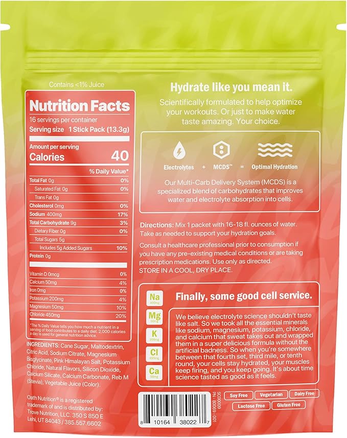 Oath Nutrition Hydration Electrolyte Powder, Complete Electrolyte Blend for Rapid Hydration and Muscle Support, 16 Single-Serve Packets, Strawberry Key Lime
