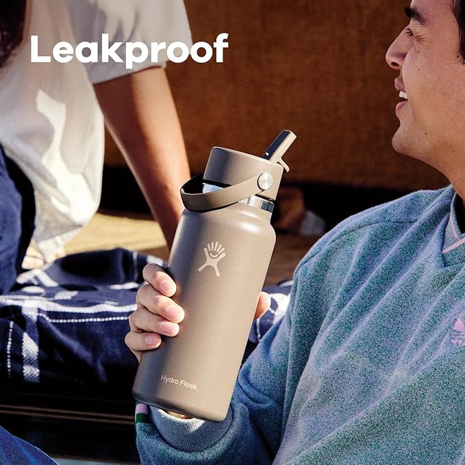 Hydro Flask Water Bottle - Insulated Stainless Steel - Wide Mouth Flex Straw Lid, Non Spill, Leakproof and Refillable in 32 Oz Tonal Oat