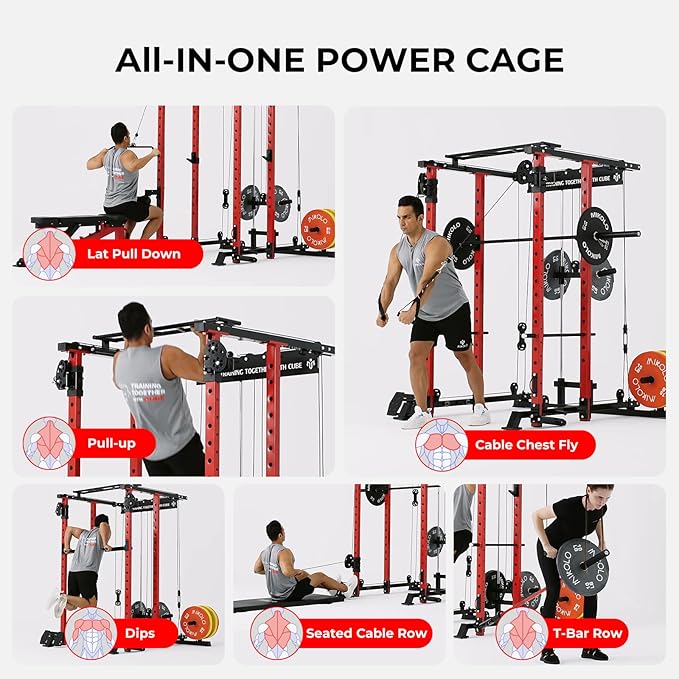 Mikolo Power Cage, 1500lbs Power Rack with LAT PullDown and Cable Crossover System, Squat Rack with Pulley System, Weight Cage for Home Gym with Training Attachments