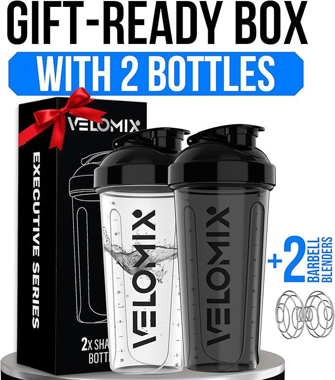 VELOMIX -2 Pack- 28 oz Protein Shaker Bottles for Protein Mixes - 2x Wire Whisk | Leak Proof Shaker Cups for Protein Shakes and Pre Workout | Protein Shaker Bottle Pack (Gift Box)