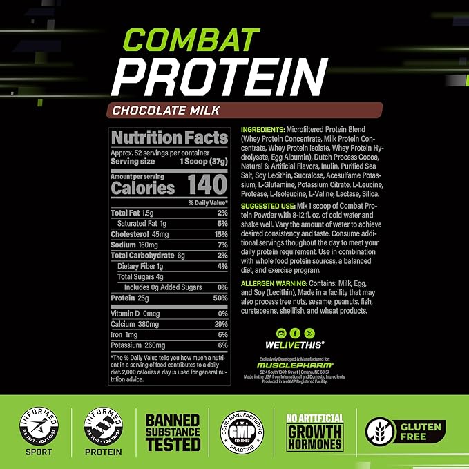 Muscle Pharm Combat Protein Powder, Chocolate Milk Flavor, Fuels Muscles for Productive Workouts, 5 Protein Sources Including Whey Protein Isolate & Egg Albumin, Gluten Free, 4 lb, 52 Servings