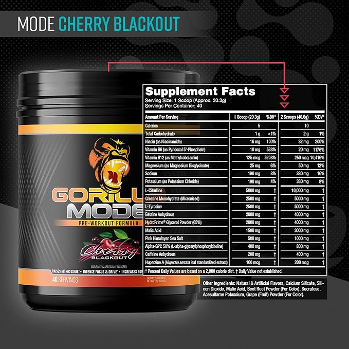 Gorilla Mind Pre Workout - Massive Pumps Laser Focus Energy Power - L-Citrulline, Creatine, L-Tyrosine, Betaine, Hydroprime, Alpha-GPC, 400mg Caffeine, Huperzine A - 812g (Cherry)