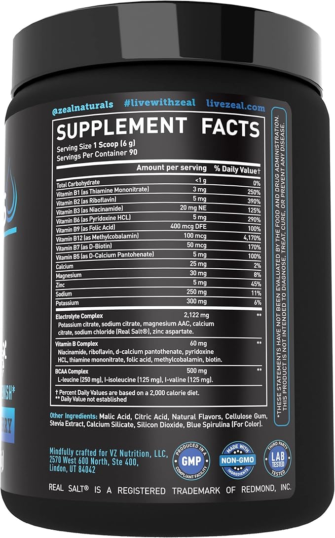 Zeal Naturals Electrolyte Powder Recovery Drink (90 Servings | Blue Raspberry) w 0 Sugar +BCAAs +B-Vitamins Electrolyte Supplement w Potassium Zinc & Magnesium for Hydration - Keto Electrolytes