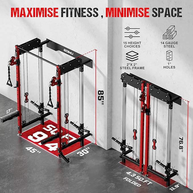 WM3-V4 Folding Squat Rack, Wall Mounted Power Rack with Dual Independent Pulley System, Functional Trainer with 5 Adjustable Function Modes for Space Saving