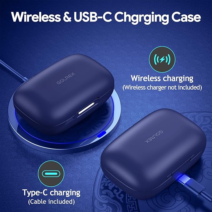 GOLREX Active Noise Cancelling Ear Buds Wireless Earbuds Bluetooth Headphones with 80H Playtime LED Display Charging Case, Over Ear Earphones with Hooks for Sports Running Gym Workout Blue