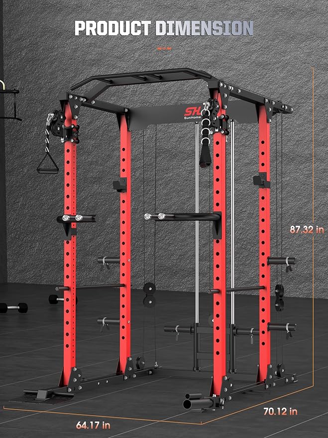 SunHome Power Cage Squat Rack, Multi-Functional Power Rack with Adjustable Cable Crossover System, J-Hooks, Dip Handles, Weight Plate Storage