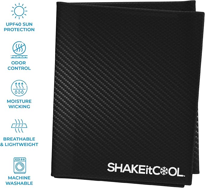 SHAKEitCOOL Extended Size Cooling Towel โ Be Cool in Style - Heat Relief, Soft, Lightweight, Sun Protection, Easy Clean - Perfect for Biking, Hiking, Running, Yoga, Golf, Gardening - Carbon Fiber M