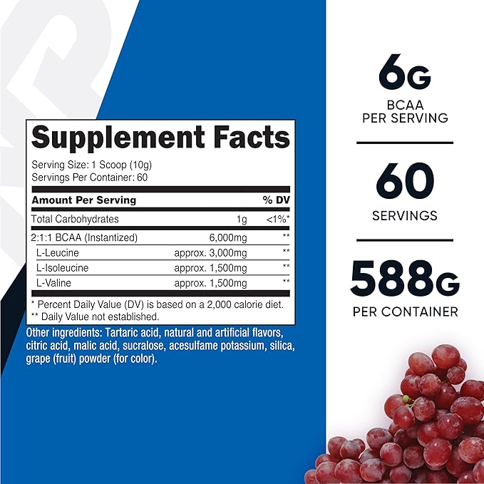 Nutricost BCAA Powder (Grape, 60 Servings) - Optimal 2:1:1 Ratio, Vegetarian Friendly, Non-GMO, Gluten Free
