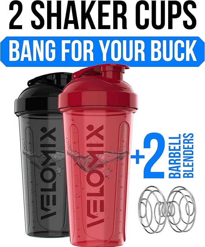 VELOMIX -2 Pack- 28 oz Protein Shaker Bottles for Protein Mixes - 2x Wire Whisk | Leak Proof Shaker Cups for Protein Shakes | Protein Shaker Bottle Pack | Shakers for Protein Shakes - Black&Red