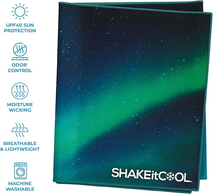 SHAKEitCOOL Extended Size Cooling Towel โ Be Cool in Style - Heat Relief, Soft, Lightweight, Sun Protection, Easy Clean - Perfect for Biking, Hiking, Running, Yoga, Golf, Gardening - Alaskan Sky M