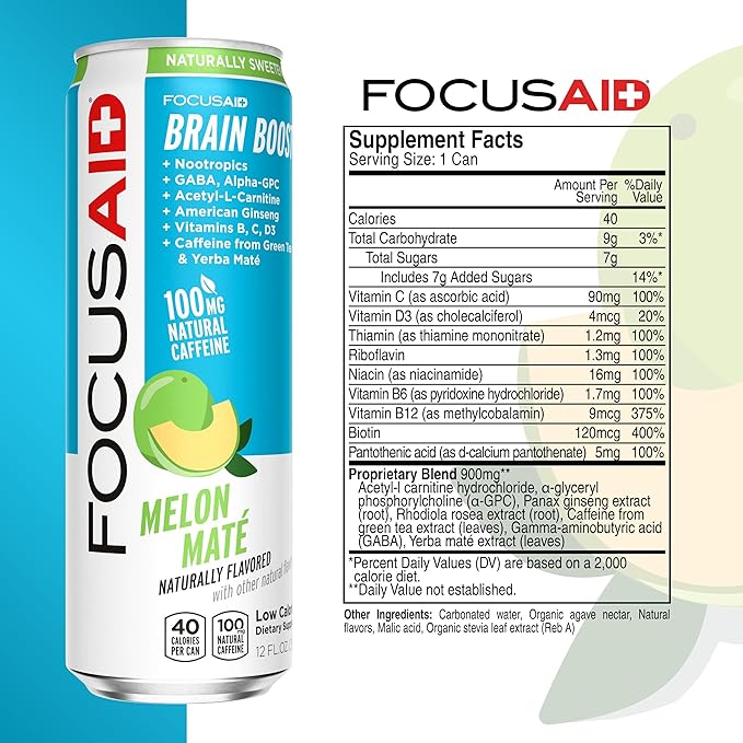FOCUSAID Energy Blend, Nootropics Drink for Brain Fuel, Alpha-GPC, GABA, B-Complex, Yerba Mate, Green Tea, 100% Clean,100mg Natural Caffeine, 12 Fl Oz (Pack of 24)