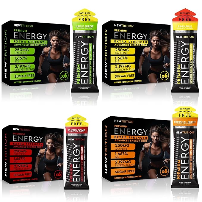 NewTrition® Extra Strength Energy Shots, 250mg Caffeine Energy Shots with Vitamin B & Amino Acids, Sugar-Free Vitamin Energy Shot, 1.7 fl oz (Pack of 24, 4 Flavors - Mixed 2)
