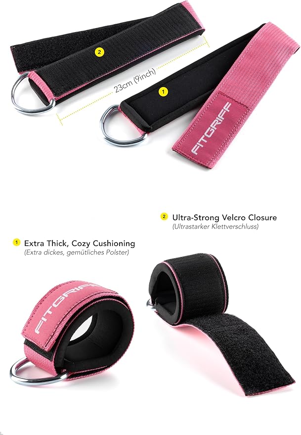 Fitgriff® Ankle Straps V2 for Cable Machine (2 Pieces) - Gym Workout Equipment - Leg Pulley Attachment, Kickback Straps