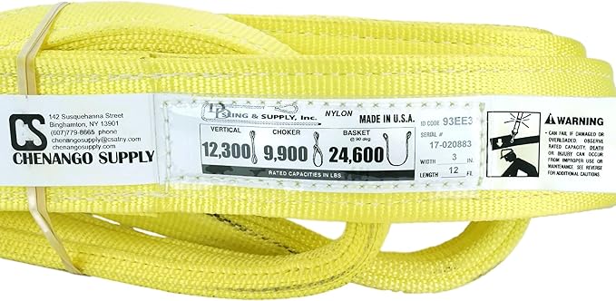 3 Ply Slings. Many Lengths in Listing! (USA Made), 3" x12' Nylon Lifting Web Sling. 12,300 lbs Vertical, 9,900 Choker, 24,600 Basket, High Capacity Eye & Eye (3" x12')