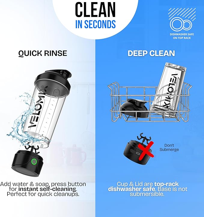 VELOMIX Electric Protein Shaker Bottle - 24 oz | USB-C Rechargeable | Leak Proof Shaker Cups for Protein Shakes | Portable Blender for Shakes and Smoothies (Electric-Transparent)