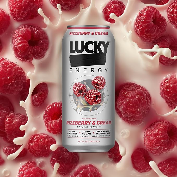 Lucky Energy Sugar Free Energy Drinks, Rizzberry and Cream, 16oz Cans (12-Pack) Healthy, Zero Sugar Energy Drink with Maca, Ginseng, Beta-Alanine, Taurine & 200mg Caffeine