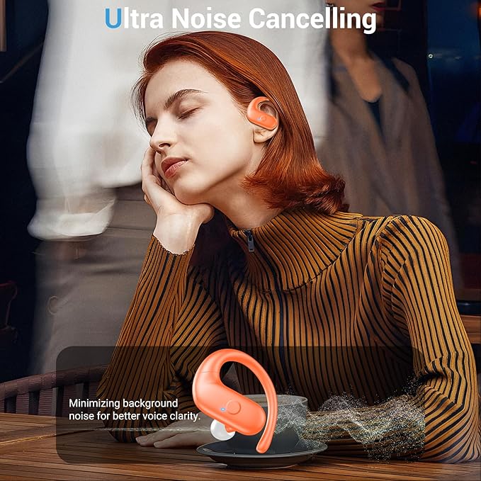 for Wireless Earbuds,Sport Bluetooth 5.4 Headphones,Over Ear Buds with Deep Bass Sound,60H Playtime Clear Calls Earphones Redesigned Comfort Fit with Earhooks for Running,Meeting,Workout-Orange