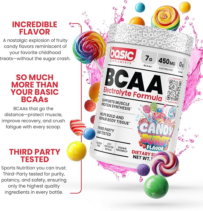 BCAA Powder, Instantized Formula with 7g BCAAs, 2:1:1 Ratio, 450mg of Electrolytes, Sugar-Free, Vegan, Gluten-Free, Supports Muscle Recovery