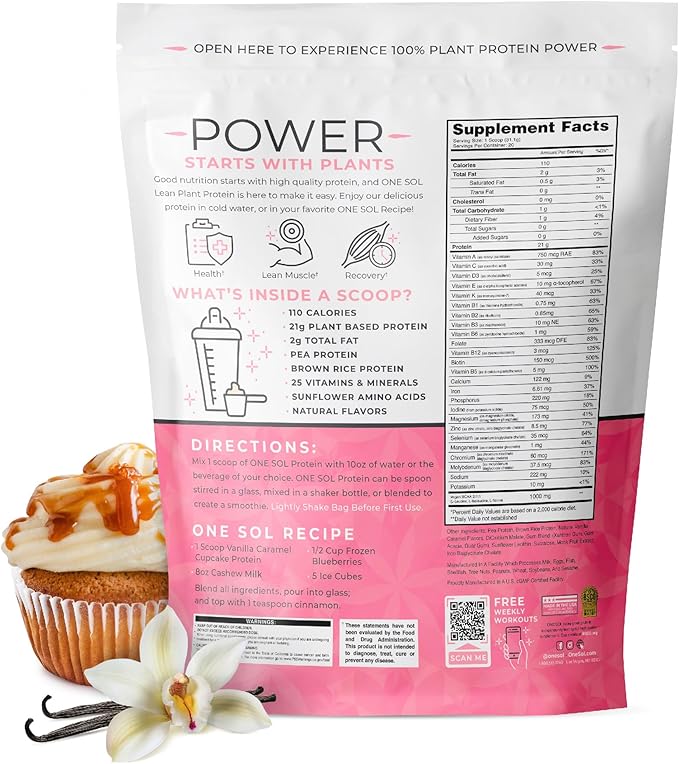 One Sol Lean Plant Protein Powder, Pea & Brown Rice Protein, Low Carb, Vegan Friendly - Gluten, Lactose, & Soy Free - No Added Sugar, Non-GMO, Clean Nutrition, No Bloating (Vanilla Caramel Cupcake)
