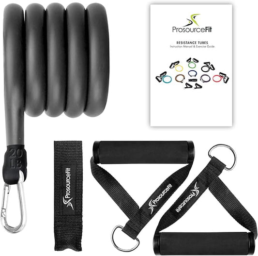 ProsourceFit Single Stackable Resistance Bands with Door Anchor and Exercise Guide, 16-20 LB, Heavy Duty Fitness Tube for Full-Body Exercises and Home Workouts, Black