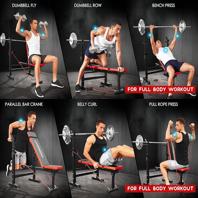 OPPSDECOR 6 in 1 660lbs Weight Bench with Leg Extension and Leg Curl, Foldable Bench Press Set and Squat Barbell Rack with Preacher Curl, Adjustable Workout Bench for Home Gym Strength Training PXZXYX1