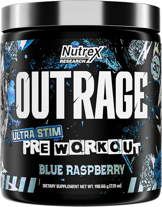 Outrage Ultra HIGH STIM Pre-Workout Powder for Men | 400mg Caffeine, L-Citrulline, Beta-Alanine, Creatine | Extreme Energy, Focus, Strength & Endurance (30 Servings, Blue Raspberry)
