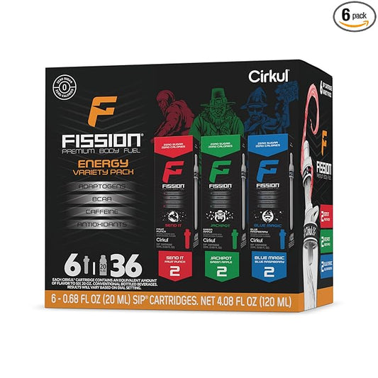 Cirkul Fission Caffeine Flavor Water Variety Pack, Makes 36 Drinks, No Sugar, Zero Calorie Drink Mix, (2 Send It, 2 Jackpot, 2 Blue Magic)
