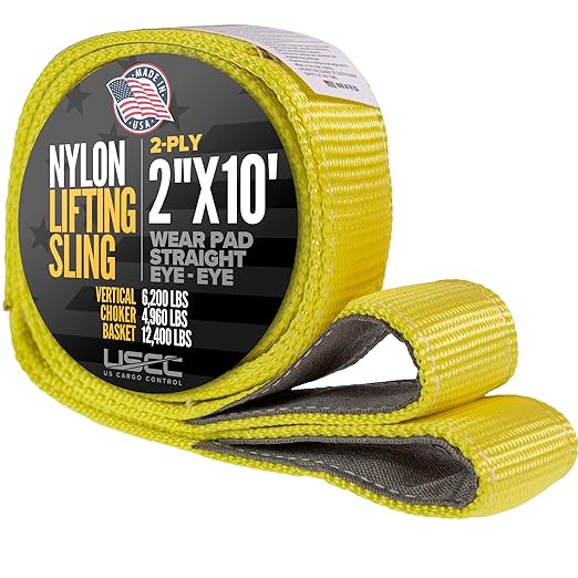 US Cargo Control Nylon Lifting Sling with Wear Pads 2" x 8', 2-Ply Eye to Eye Slings (Made in USA) - 4,960 LBS Choker, 6,200 LBS Vertical, 12,400 LBS Basket Capacity - Lift Straps for Lifting