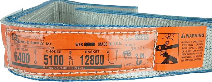 DD Sling (USA Made). 2" x 6', Flo Guard 2 Ply, Polyester Lifting Slings, Eye & Eye, Heavy Duty, 6400 lbs Vertical, 5100 Choker, 12800 Basket Load Capacity (2" x 6')