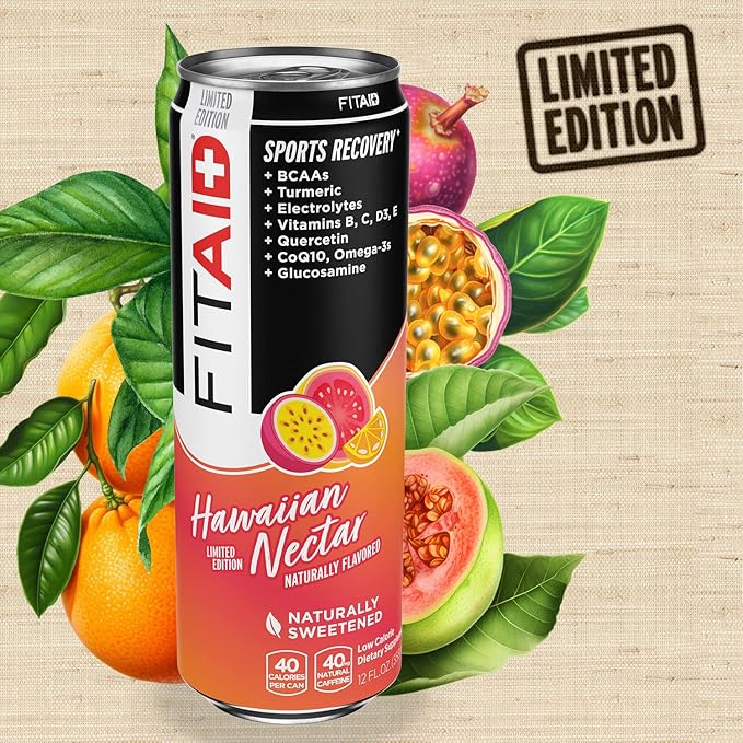 FITAID Post Workout Recovery Drink, Hawaiian Nectar, Passion Fruit, Orange & Guava, BCAAs, Glucosamine, Electrolytes, 40 Calories, 12 Fl Oz (Pack of 12)