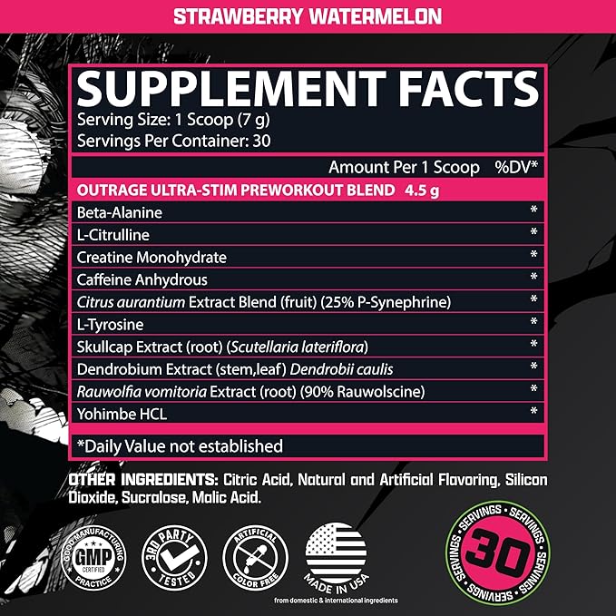 Outrage Ultra HIGH STIM Pre-Workout Powder for Men | 400mg Caffeine, L-Citrulline, Beta-Alanine, Creatine | Extreme Energy, Focus, Strength & Endurance (30 Servings, Strawberry Watermelon)